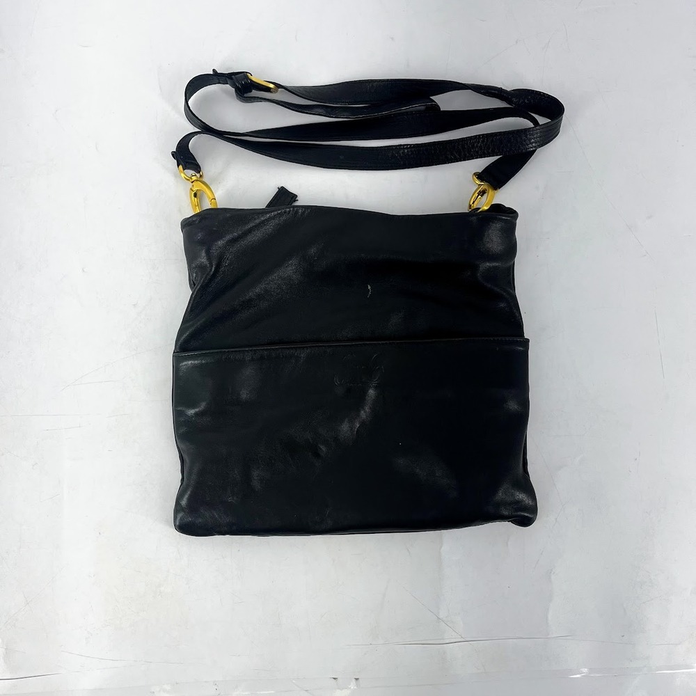 Sseko Black Leather Crossbody Bag Gold Hardware Made in Spain Vintage Messenger